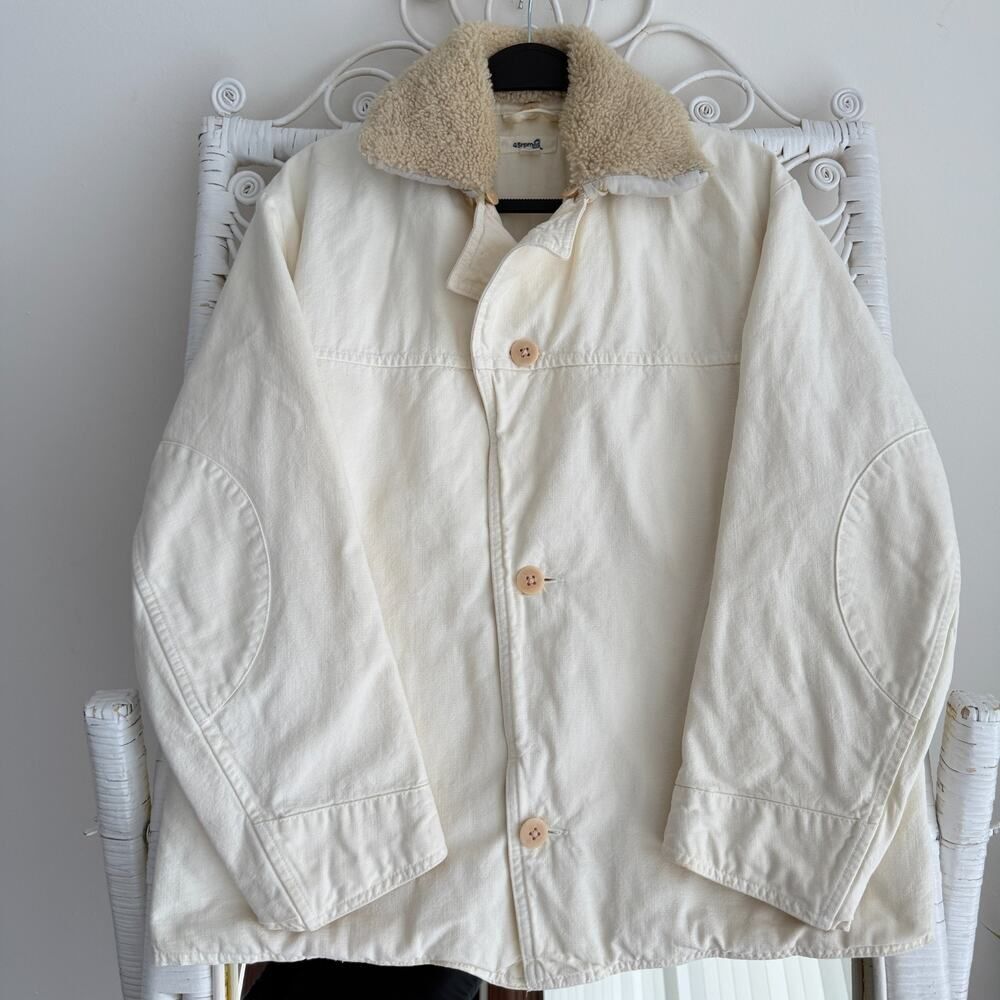 45R 45rpm Jacket Mens 3 Medium Cream Canvas Cotton Workwear Sherpa Collar Japan